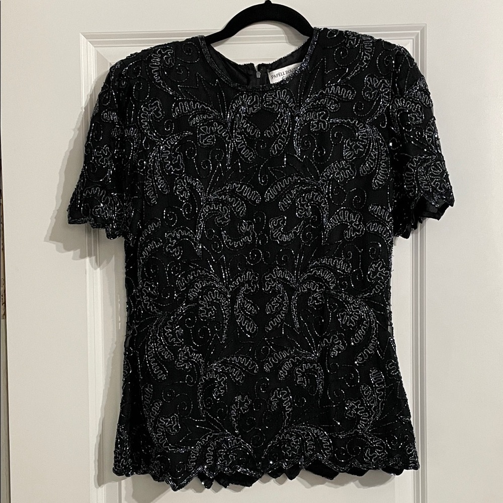 Vintage Papell Boutique Evening Beaded Silk Top Blouse Black Size Small